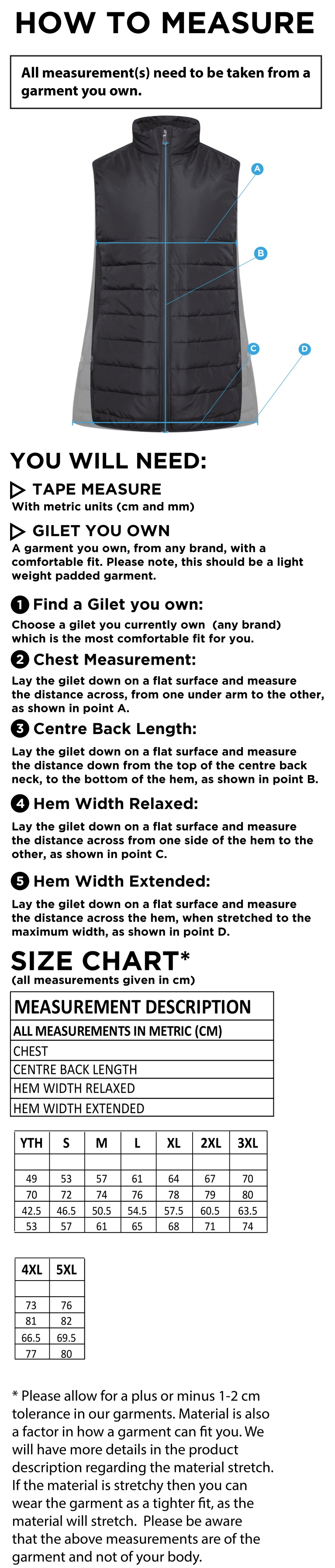 University of Chester - Active Gilet - Unisex Fit - Size Guide