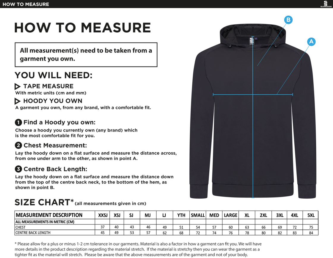 University of Chester - Active Hoody - Unisex Fit - Size Guide