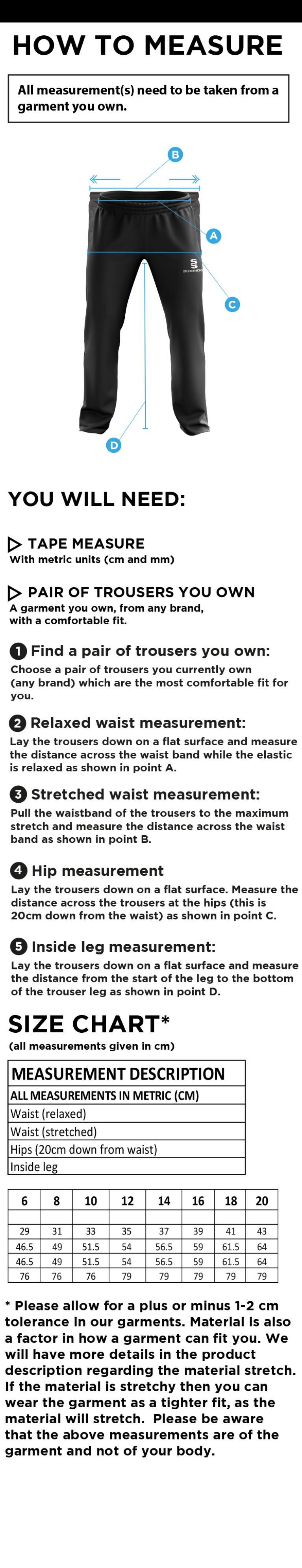 University of Chester - Poplin Track Pant with Lyrcra - Women's Fit - Size Guide