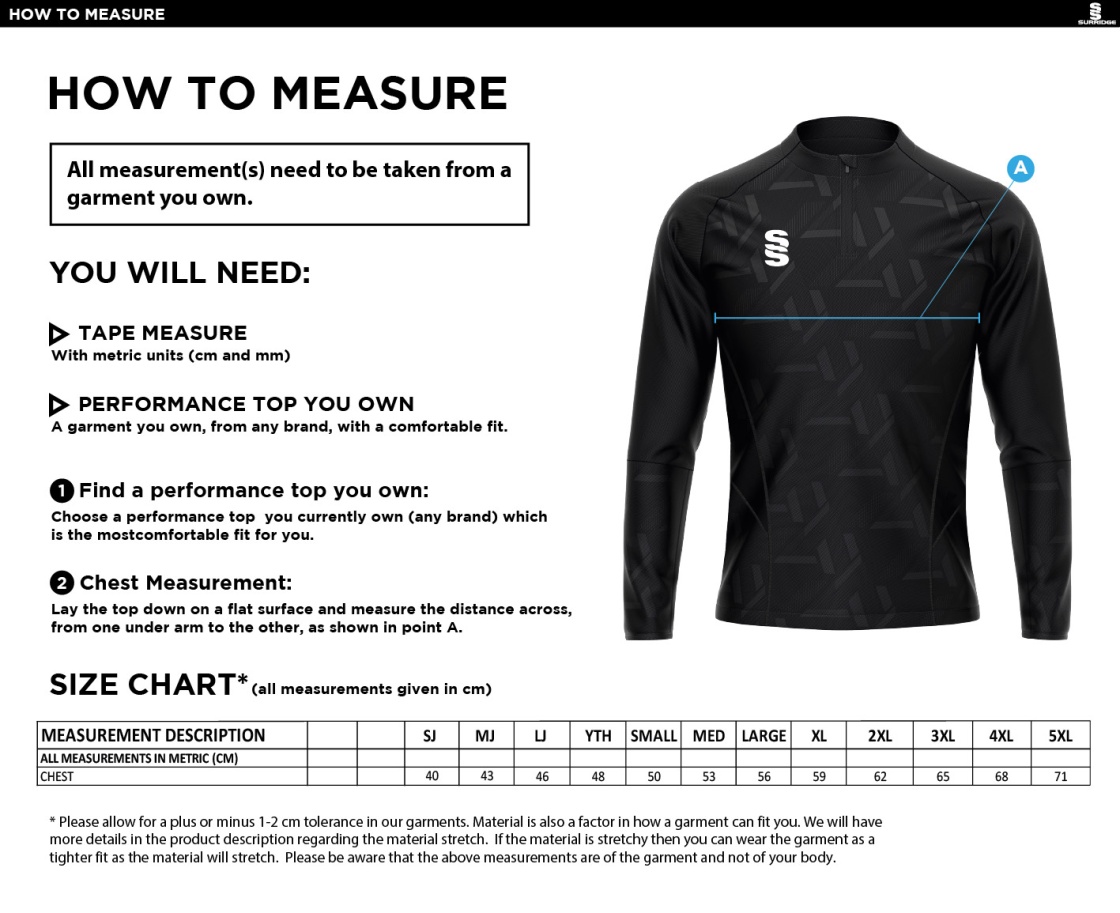 University of Chester - Impact 1/4 Zip Performance Top - Black - Unisex Fit - Size Guide
