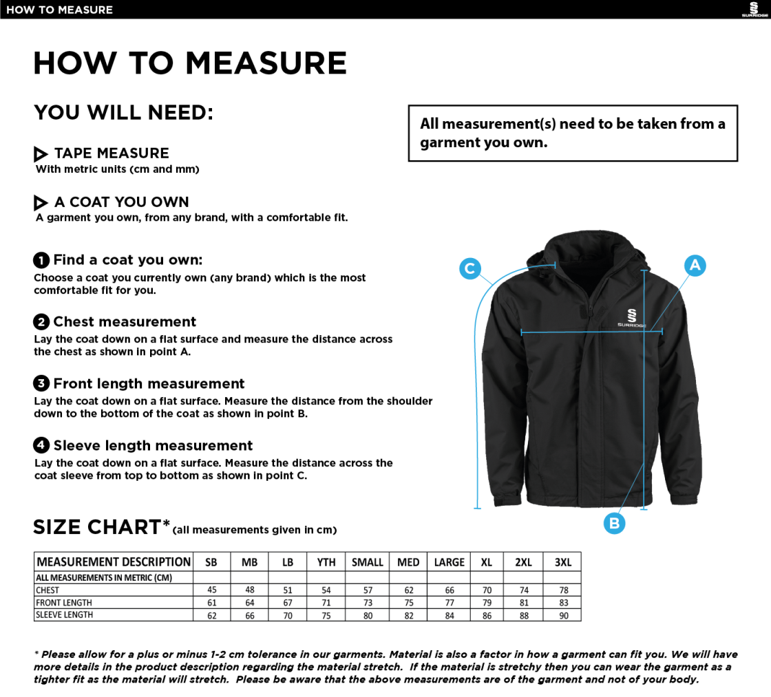 University of Chester - Dual Fleece Lined Jacket - Unisex Fit - Size Guide