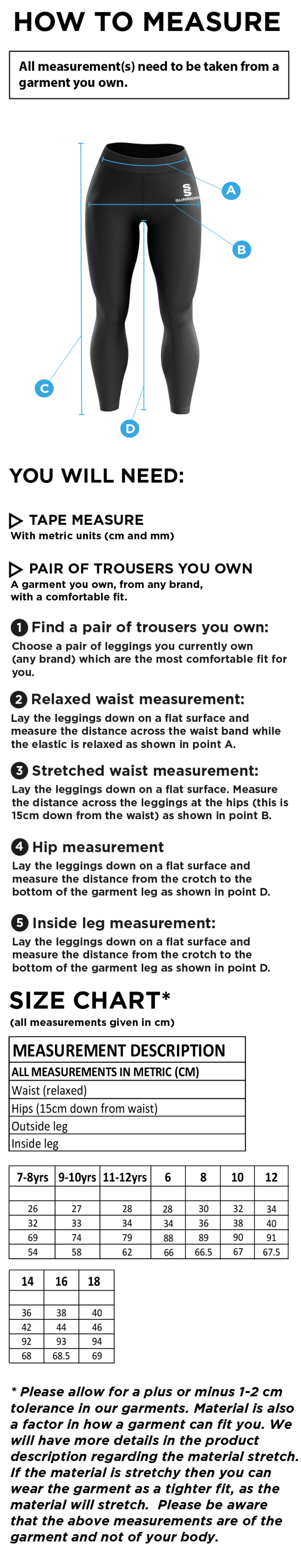 University of Chester - Performance Full Length Leggings - Women's Fit - Size Guide