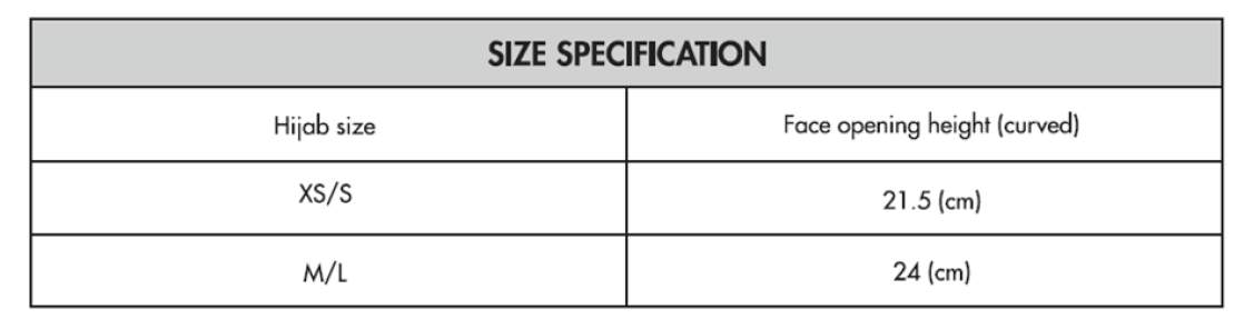 University of Chester - Dual Sports Hijab - Size Guide