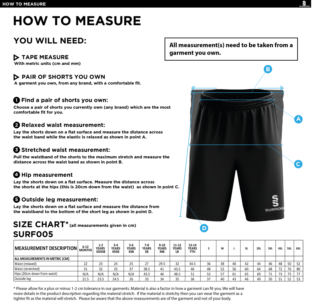 University of Chester - GK Shorts - Yellow - Unisex Fit - Size Guide