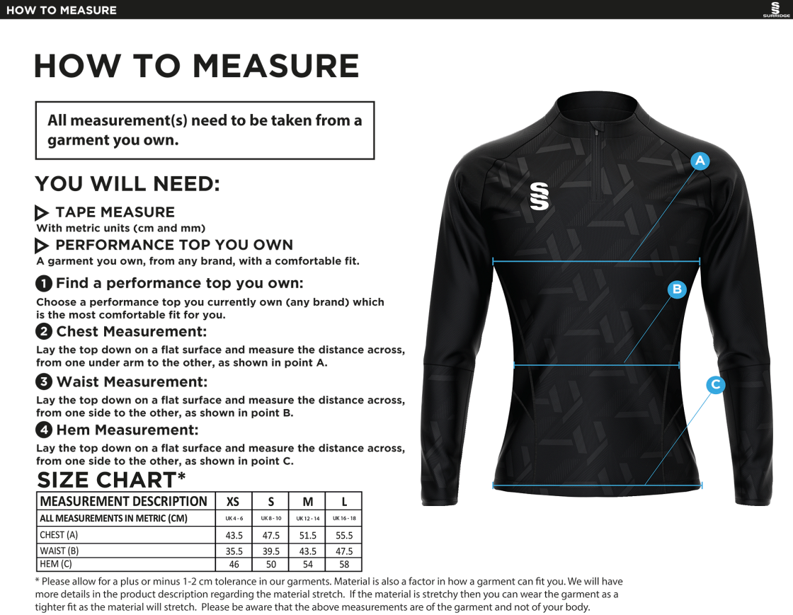 University of Chester - Impact 1/4 Zip Performance Top - Black - Women's Fit - Size Guide