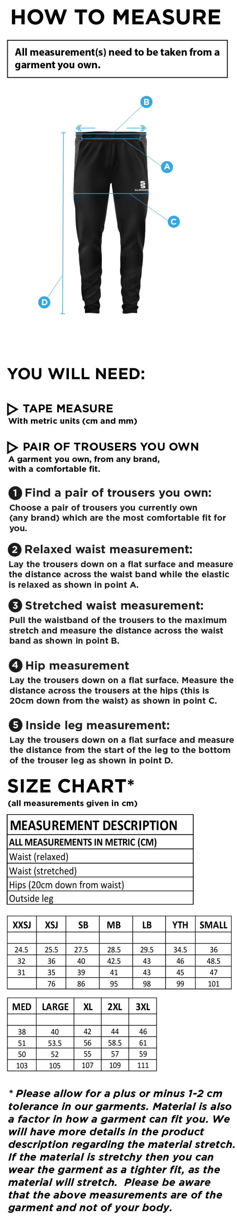 University of Chester - Tek Slim Training Pants - Unisex Fit - Size Guide