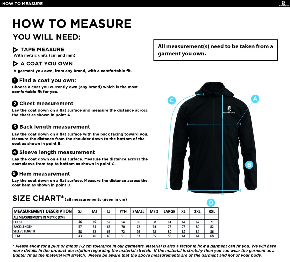 University of Chester - Dual Elite 1/4 Zip Hoody / Rain Jacket - Unisex Fit - Size Guide