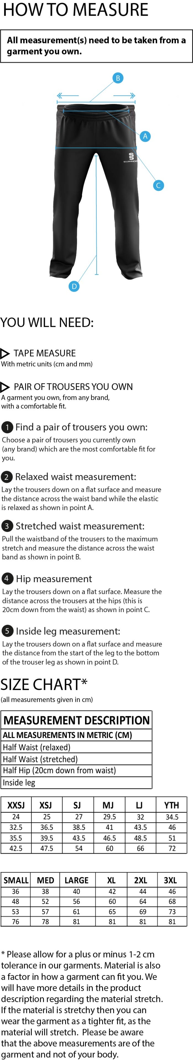 University of Chester - Poplin Track Pant with Lyrcra - Unisex Fit - Size Guide