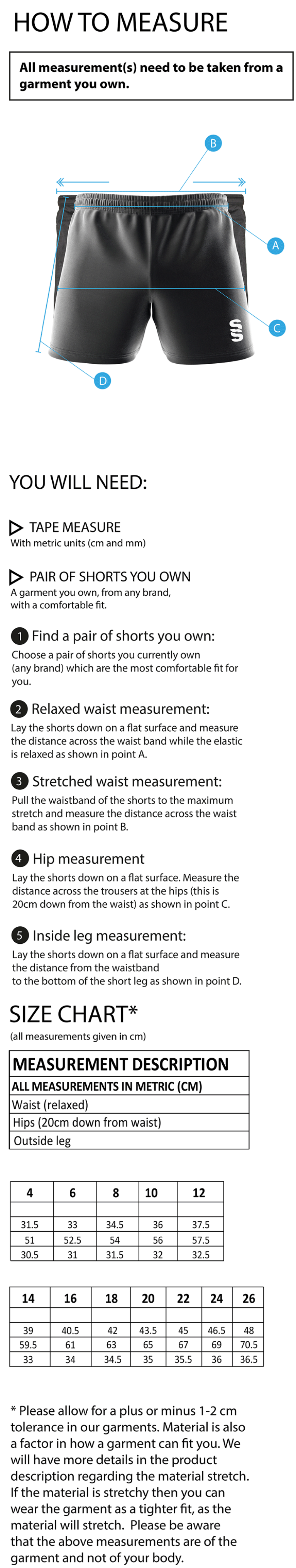 University of Chester - Match Short - Women's Fit - Size Guide