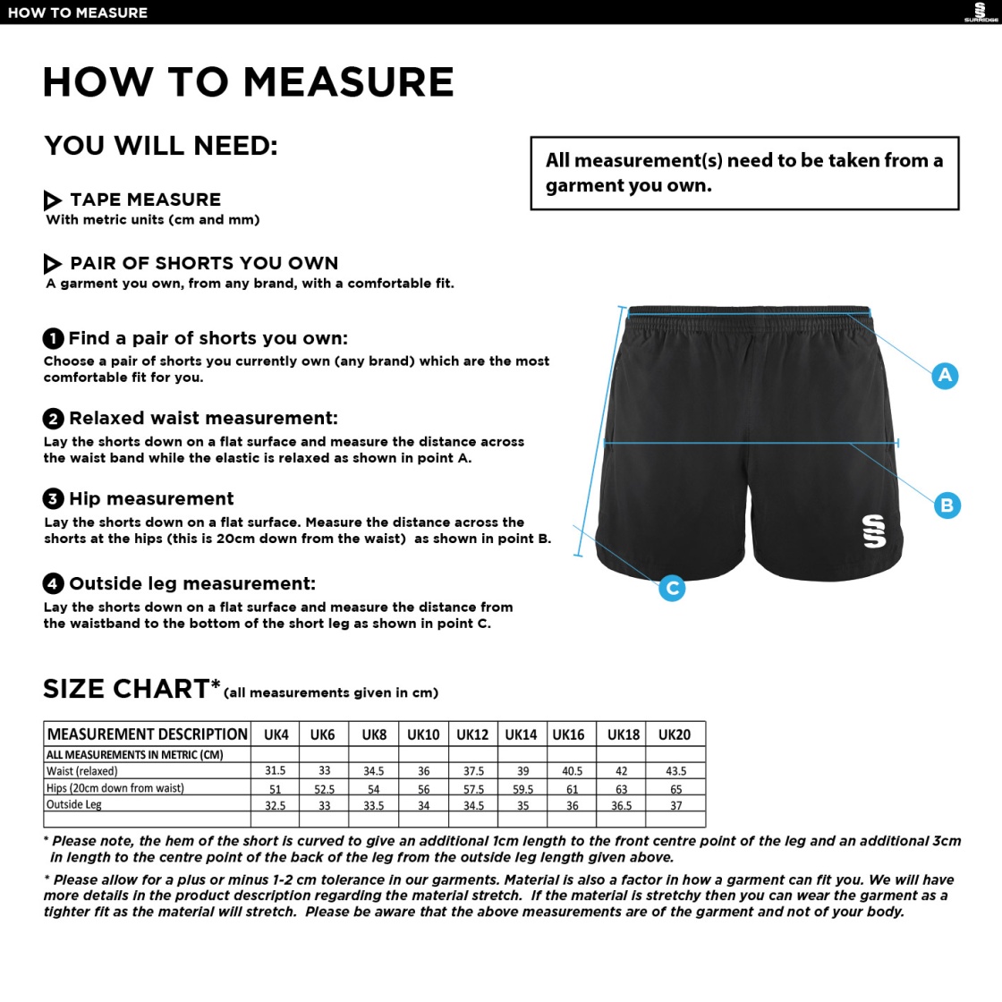 University of Chester - Performance Gym Short - Women's Fit - Size Guide