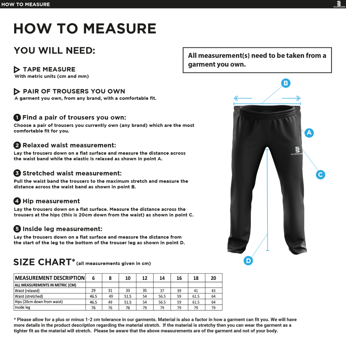 University of Chester - Poplin Track Pant with Lyrcra - Women's Fit - Size Guide