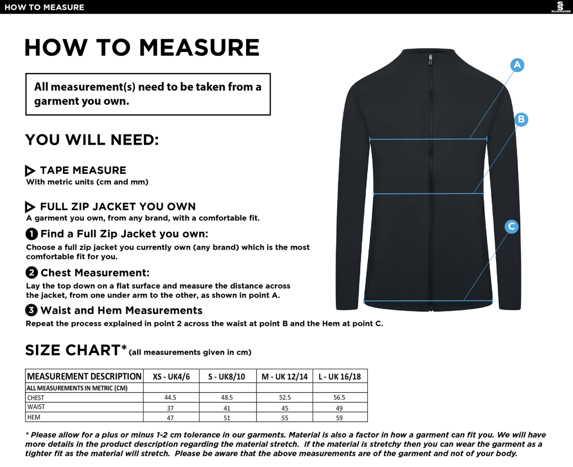 University of Chester - Active Presentation Jacket - Women's Fit - Size Guide