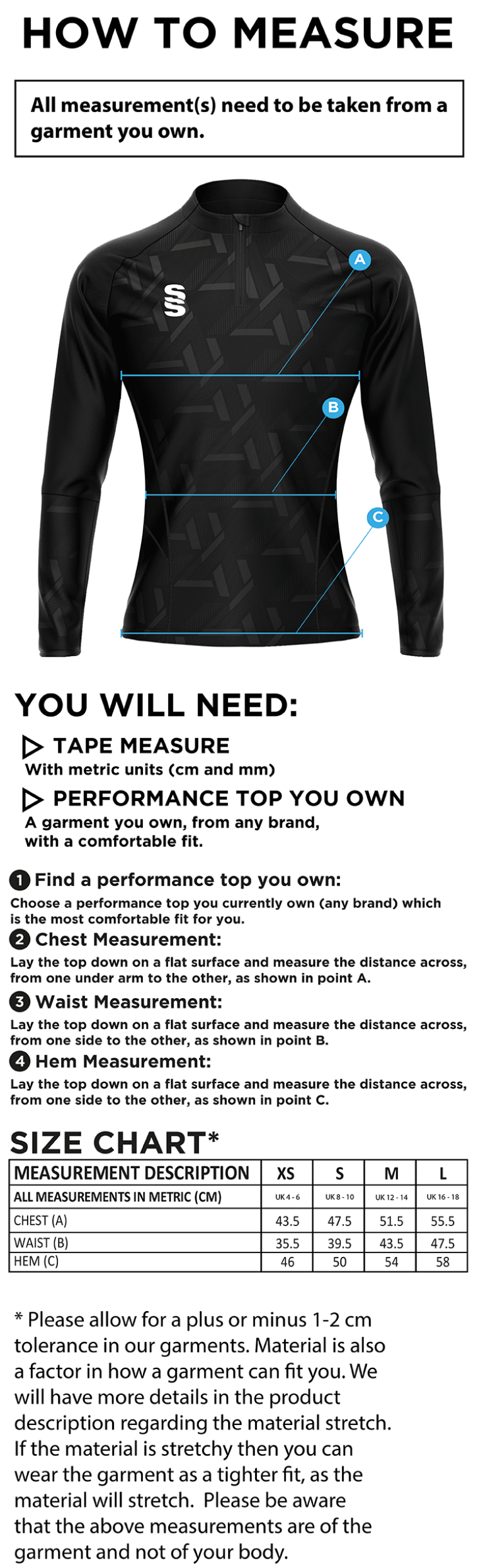 University of Chester - Impact 1/4 Zip Performance Top - Black - Women's Fit - Size Guide
