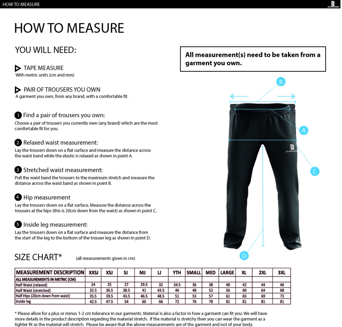 University of Chester - Poplin Track Pant with Lyrcra - Unisex Fit - Size Guide