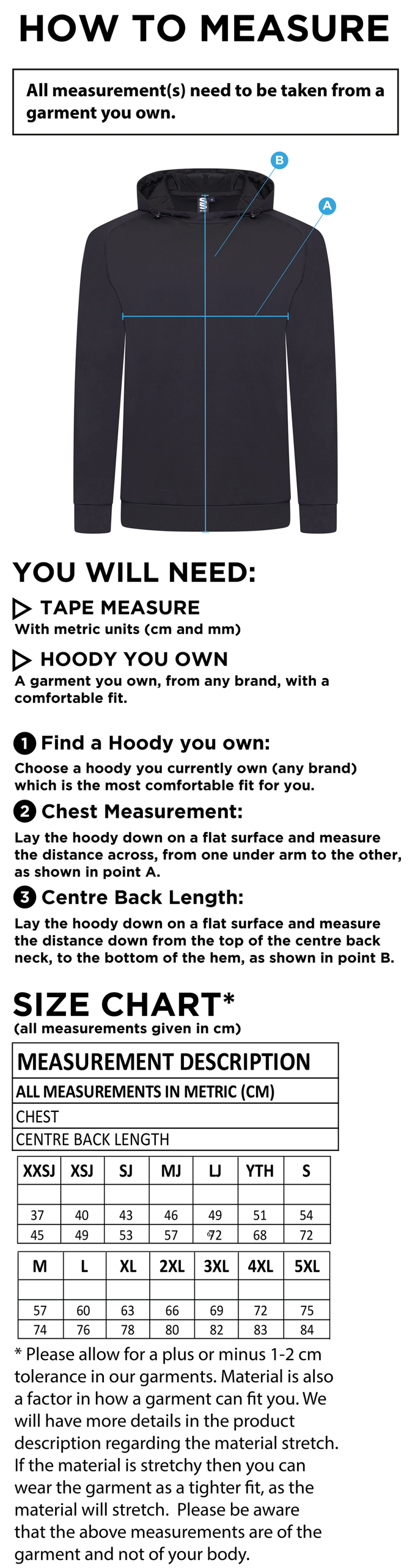 University of Chester - Active Hoody - Unisex Fit - Size Guide