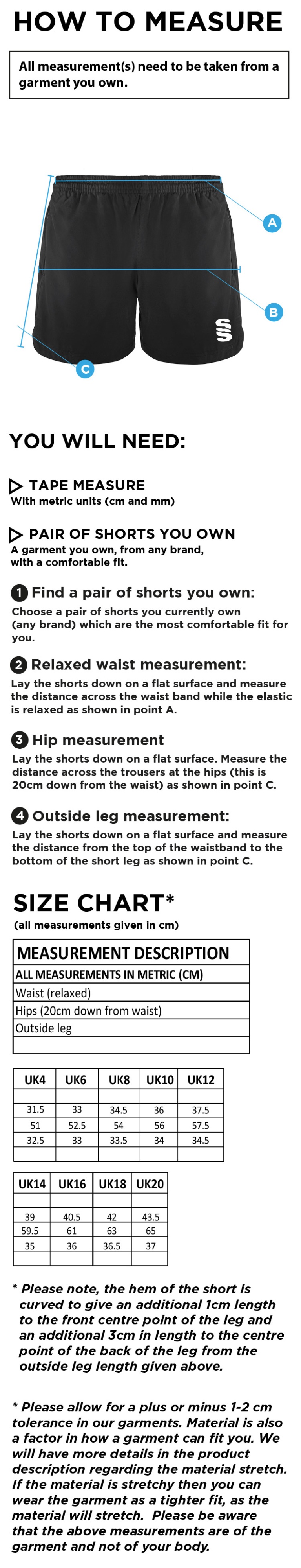 University of Chester - Performance Gym Short - Women's Fit - Size Guide