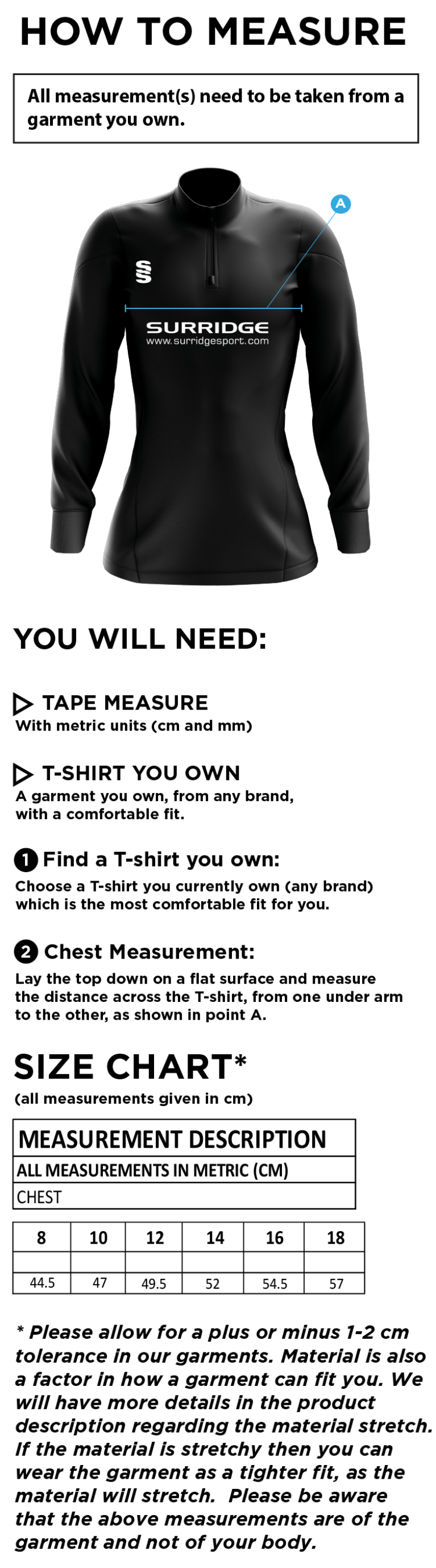 University of Chester - Tempo Performance Top - Women's Fit - Size Guide