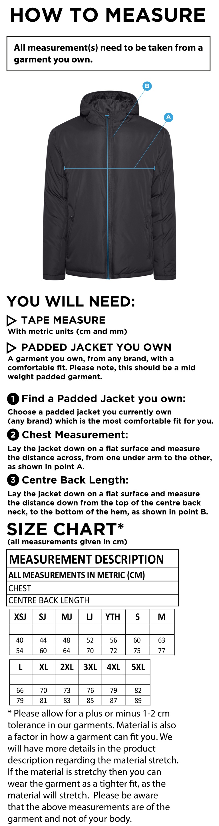University of Chester - Active Padded Jacket - Unisex Fit - Size Guide