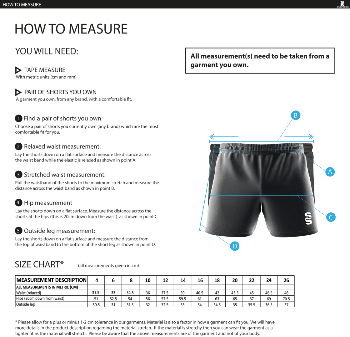 University of Chester - Match Short - Women's Fit - Size Guide