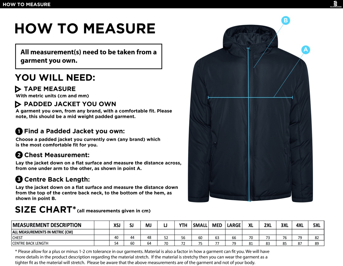 University of Chester - Active Padded Jacket - Unisex Fit - Size Guide