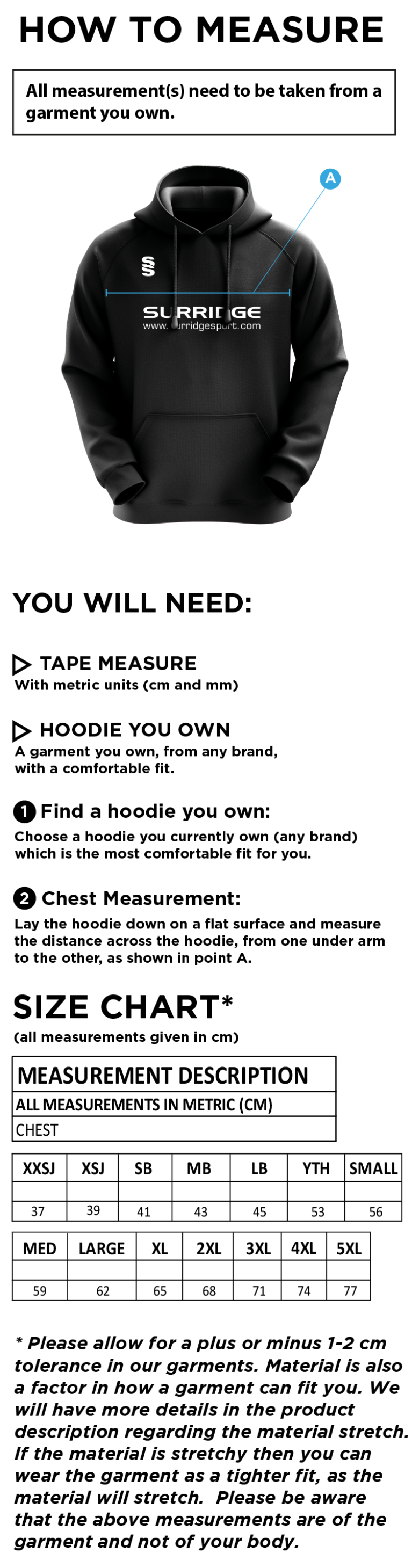 University of Chester - Fuse Hoody - Unisex Fit - Size Guide