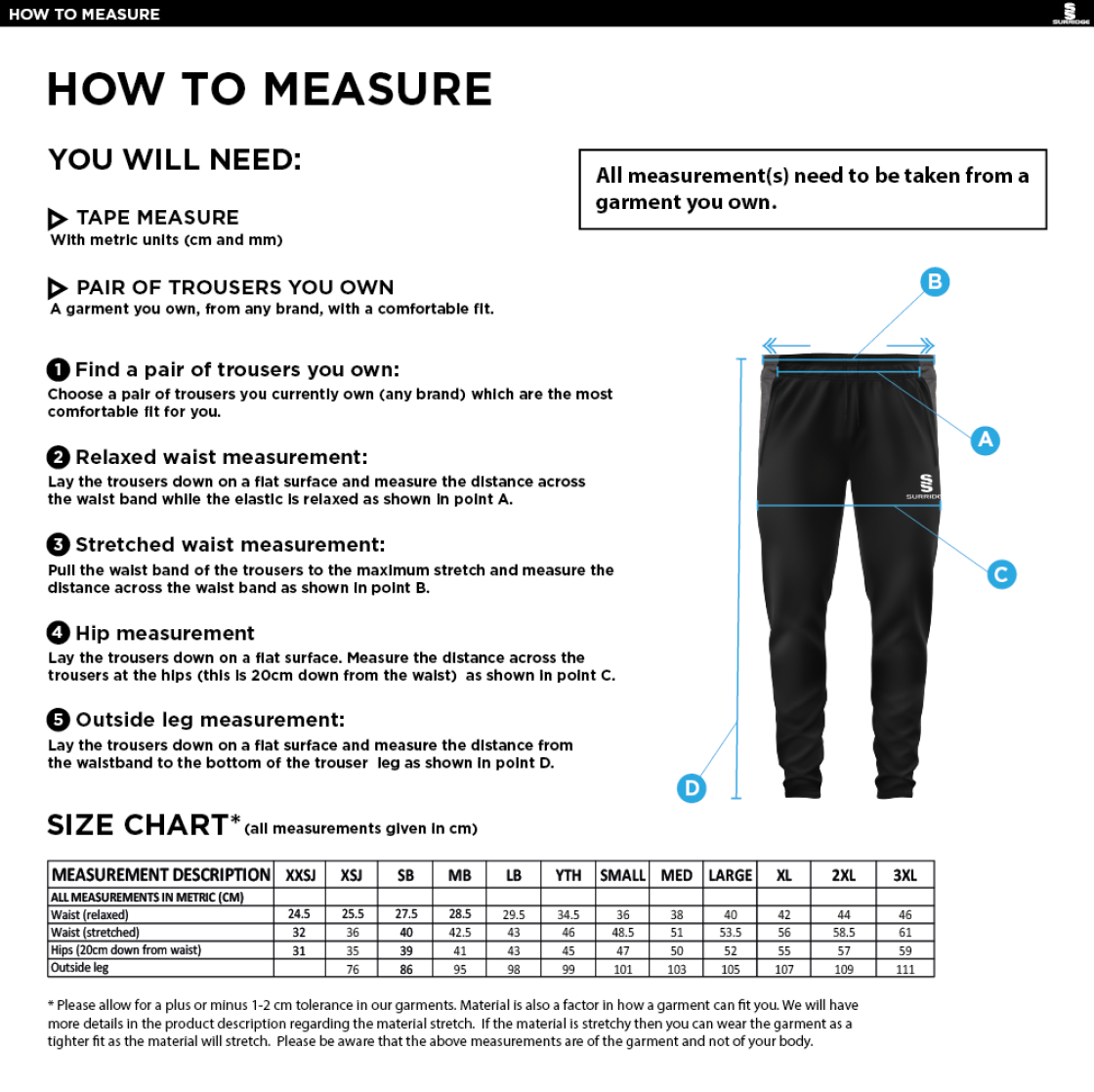 University of Chester - Tek Slim Training Pants - Unisex Fit - Size Guide