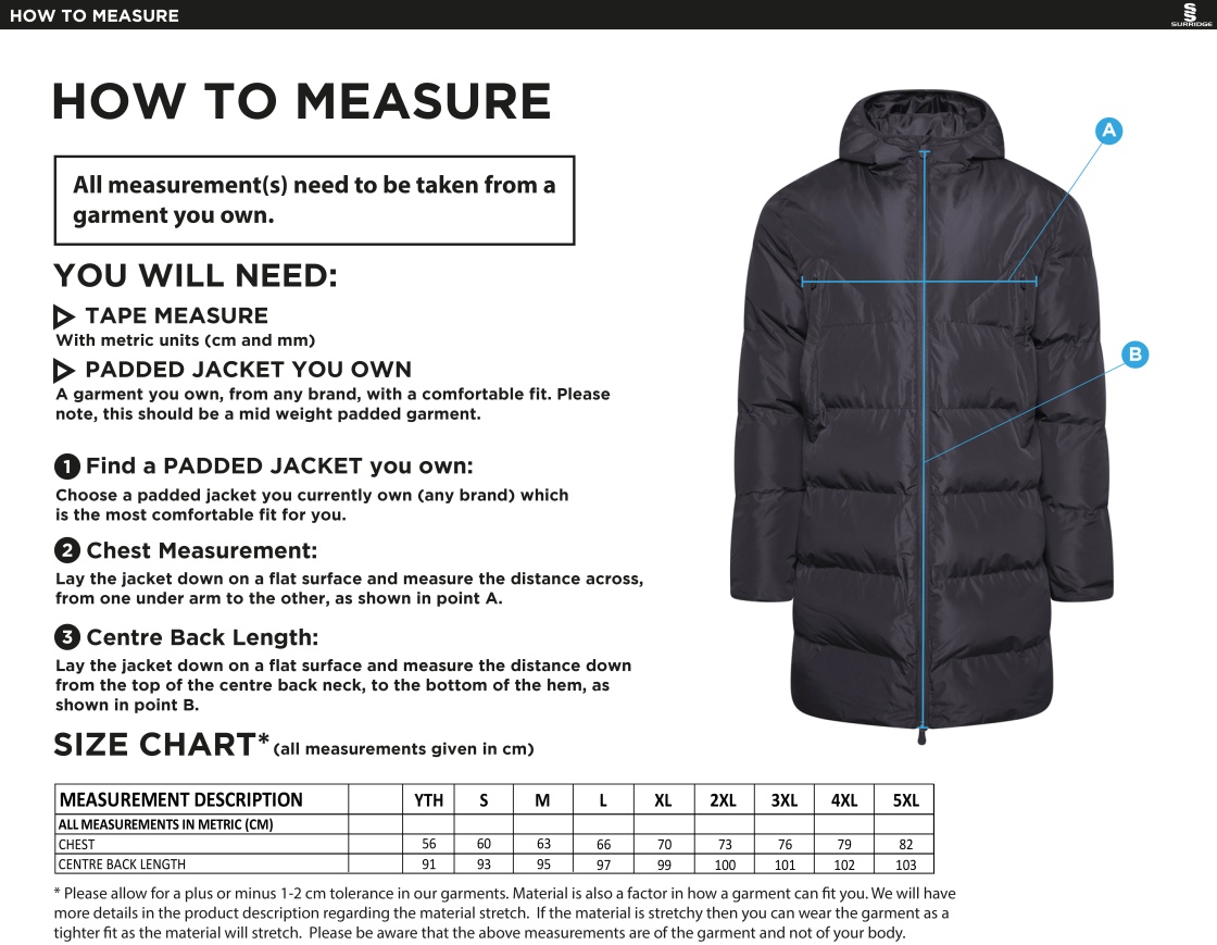 University of Chester - Active Long Padded Jacket - Unisex Fit - Size Guide