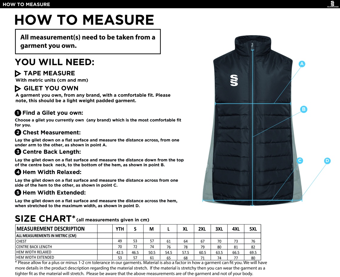 University of Chester - Active Gilet - Unisex Fit - Size Guide