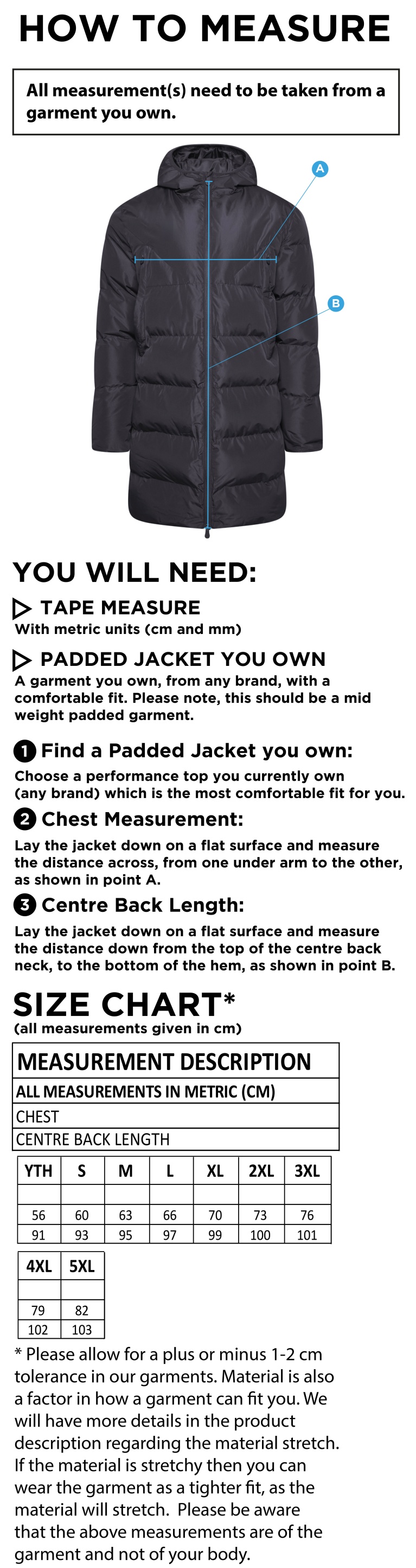 University of Chester - Active Long Padded Jacket - Unisex Fit - Size Guide